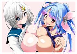 Rule 34 | 10s, 2girls, :d, blue eyes, blue hair, breast press, breasts, fang, gradient hair, hair over one eye, hair ribbon, hamakaze (kancolle), happy, i-19 (kancolle), kantai collection, large breasts, looking at viewer, multicolored hair, multiple girls, open mouth, perepere-kun, ribbon, school swimsuit, school uniform, serafuku, short hair, silver hair, smile, star-shaped pupils, star (symbol), swimsuit, symbol-shaped pupils, symmetrical docking