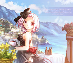 Rule 34 | 1girl, bad id, bad pixiv id, bare shoulders, black dress, bottle, bow, building, cloud, commentary request, cowboy shot, cup, day, dress, eyelashes, flower, food, frilled dress, frills, from side, garter straps, hat, holding, holding cup, italian text, italy, jewelry, looking back, magic: the gathering, mountain, necklace, ocean, purple hair, red bow, red eyes, short hair, sky, solo, st06, table, tablecloth, thighhighs, translated, tree, vittorio veneto (warship girls r), warship girls r