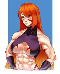 Rule 34 | 1girl, abs, biceps, blue background, border, breasts, breasts apart, fuuma kotarou (tenkaichi), ham1sh, hands on own hips, highres, large breasts, long hair, looking at viewer, muscular, muscular female, navel, parted lips, red eyes, red hair, smile, solo, tenkaichi nihon saikyou bugeisha ketteisen, underboob, white border