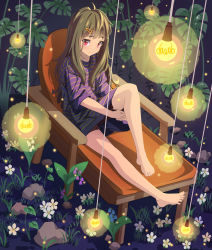 Rule 34 | 1girl, :3, absurdres, barefoot, brown hair, brown shorts, chair, closed mouth, collarbone, feet, flower, full body, g9in32, grass, hair ornament, hairclip, hanging light, highres, knee up, legs, light bulb, long hair, original, outdoors, oversized clothes, oversized shirt, pink eyes, plant, purple shirt, rock, shadow, shirt, short sleeves, shorts, sidelocks, sitting, solo, spread toes, striped clothes, striped shirt, thighs, toes, water drop