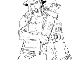Rule 34 | 2boys, back-to-back, baseball cap, chisel, crossed arms, enies lobby, facial hair, goatee, hat, kaku (one piece), long hair, male focus, mallet, monochrome, multiple boys, one piece, outline, rob lucci, suspenders, tank top, tattoo, top hat, water 7, xla009