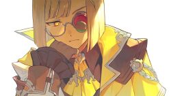 Rule 34 | 1boy, aiguillette, ankle cuffs, ascot, asymmetrical bangs, asymmetrical eyewear, blonde hair, blunt ends, bob cut, brown gloves, brown shirt, brown vest, capelet, closed mouth, collared shirt, expressionless, fingerless gloves, frilled sleeves, frills, glasses, gloves, granblue fantasy, head rest, heterochromatic eyewear, highres, inverted bob, jacket, lu woh (granblue fantasy), male focus, one eye covered, semi-rimless eyewear, shirt, sidelighting, sideways glance, simple background, solo, story clear, upper body, vest, white background, white jacket, yellow ascot, yellow capelet, yellow eyes