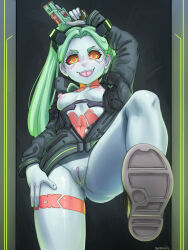 Rule 34 | 1girl, ass, blue skin, blush, bottomless, breasts, cleft of venus, colored sclera, colored skin, cyberpunk (series), cyberpunk edgerunners, fangs, green hair, gun, handgun, highres, holding, holding gun, holding weapon, jacket, leg up, long hair, looking at viewer, naked jacket, navel, nipples, pussy, pussy juice, rebecca (cyberpunk), red sclera, seraziel, small breasts, smile, solo, tattoo, teeth, tongue, tongue out, twintails, uncensored, variant set, weapon, yellow eyes
