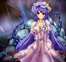 Rule 34 | 1girl, barefoot, breasts, cum, cum in pussy, empty eyes, hat, lactation, long hair, monikano, nipples, no bra, no panties, patchouli knowledge, purple eyes, purple hair, rape, ribbon, see-through, solo, tears, tentacles, tentacles under clothes, touhou, vaginal, very long hair
