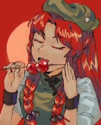Rule 34 | 1girl, beret, braid, china dress, chinese clothes, dress, eating, hair ribbon, hat, hat ornament, highres, hong meiling, kyuubiness, long hair, puffy short sleeves, puffy sleeves, red hair, ribbon, short sleeves, star (symbol), star hat ornament, touhou, tress ribbon, twin braids, wrist cuffs