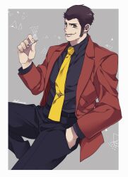 Rule 34 | 1boy, arsene lupin iii, black pants, black shirt, border, brown eyes, brown hair, brown jacket, cigarette, cog hal, collared shirt, cowboy shot, grey background, hand in pocket, highres, holding, holding cigarette, jacket, long sleeves, looking at viewer, lower teeth only, lupin iii, male focus, necktie, open mouth, pants, shirt, short hair, sideburns, smile, solo, suit jacket, teeth, white border, yellow necktie