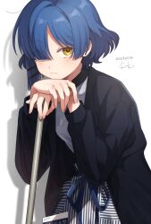 Rule 34 | 1girl, black jacket, blue hair, bocchi the rock!, closed mouth, collared shirt, dated, eyes visible through hair, hair ornament, hair over one eye, hairclip, hand on own chin, head rest, highres, jacket, long sleeves, looking at viewer, own hands together, piercing, ribbon, shirt, short hair, signature, simple background, sk tsu96, skirt, solo, striped clothes, striped skirt, upper body, white background, white shirt, yamada ryo, yellow eyes