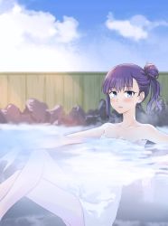 Rule 34 | 1girl, absurdres, bare shoulders, bathing, blue eyes, blue sky, blush, breasts, coffeekite, collarbone, fate/extra, fate/extra ccc, fate (series), highres, long hair, looking at viewer, meltryllis (fate), naked towel, onsen, open mouth, partially submerged, purple hair, sitting, sky, small breasts, steam, towel, water, white towel