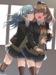 Rule 34 | 10s, 2girls, aqua eyes, aqua hair, ascot, blazer, brown hair, brown legwear, brown skirt, commentary request, hair ornament, hairclip, high ponytail, hug, hug from behind, jacket, kantai collection, kumano (kancolle), long hair, miniskirt, multiple girls, one eye closed, own hands clasped, own hands together, pleated skirt, ponytail, remodel (kantai collection), school uniform, skirt, smile, somechime (sometime1209), striped clothes, striped thighhighs, surprised, suzuya (kancolle), thighhighs, v-shaped eyebrows, vertical-striped clothes, vertical-striped thighhighs