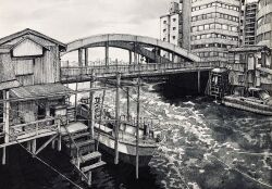 Rule 34 | bridge, building, corrugated galvanized iron sheet, day, highres, ibsukionsen, no humans, original, railing, river, riverbank, rope, scenery, ship, stairs, utility pole, water, watercraft, window, wooden floor, wooden wall