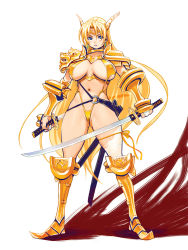 Rule 34 | 1girl, armor, bikini armor, blonde hair, blue eyes, breasts, cameltoe, cleavage, dual wielding, earrings, covered erect nipples, gold armor, highres, holding, jewelry, katana, large breasts, legs, long hair, midriff, mugen no fantasia, navel, ryoji (nomura ryouji), slingshot swimsuit, solo, swimsuit, sword, thighhighs, thighs, weapon, yellow theme