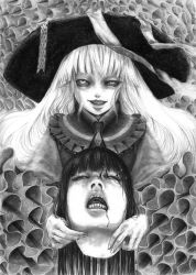 Rule 34 | 2girls, blood, blunt bangs, character request, decapitation, dress, evil smile, fingernails, greyscale, grin, guro, hane (azelye), hat, komeiji koishi, long hair, looking at viewer, monochrome, multiple girls, nail, necktie, open mouth, smile, touhou
