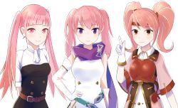Rule 34 | 3girls, absurdres, armor, arms behind back, belt, breastplate, brown eyes, closed mouth, dogansa, elbow gloves, fire emblem, fire emblem: the blazing blade, fire emblem: three houses, fire emblem echoes: shadows of valentia, gloves, hand on own hip, headband, highres, hilda valentine goneril, long hair, mae (fire emblem), matching hair/eyes, multiple girls, nintendo, pink eyes, pink hair, purple eyes, serra (fire emblem), short sleeves, simple background, smile, twintails, upper body, white background, white gloves