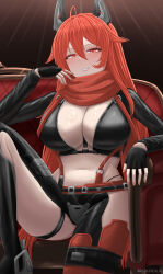 Rule 34 | 1girl, archstreal, black gloves, blush, breasts, chair, cleavage, commentary, english commentary, fingerless gloves, gloves, goddess of victory: nikke, hair between eyes, highres, large breasts, long hair, long sleeves, looking at viewer, navel, parted lips, red eyes, red hair, red hood (nikke), sitting, smile, stomach, teeth, thighs