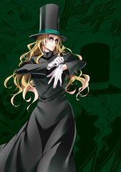 Rule 34 | 1boy, black cat (series), blonde hair, blue eyes, charden flamberg, commentary request, curly hair, glasses, gloves, hat, long hair, looking at viewer, official art, paneled background, serious, standing, top hat, white gloves, yabuki kentarou