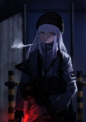 Rule 34 | 1girl, absurdres, assault rifle, bad id, bad pixiv id, beanie, blunt bangs, blurry, blurry background, breasts, breath, coat, commentary request, facial mark, girls&#039; frontline, gloves, glowstick, green eyes, gun, h&amp;k hk416, hair ornament, hat, heckler &amp; koch, highres, hk416 (girls&#039; frontline), holding, holding gun, holding weapon, ihobus, light, load bearing equipment, long hair, looking at viewer, medium breasts, night, rifle, silver hair, solo, teardrop, very long hair, weapon