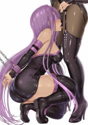 Rule 34 | 2girls, arms behind back, ass, bare shoulders, bdsm, black dress, black panties, black thighhighs, bondage, bound, bound wrists, breasts, collar, commentary request, covered erect nipples, covered navel, cunnilingus, cunnilingus through clothes, dress, fate/stay night, fate (series), femdom, garter straps, hakaba (dairiseki), high heels, highres, latex, licking, licking panties, long hair, matou sakura, matou sakura (deen s&amp;m), medium breasts, medusa (fate), medusa (rider) (fate), multiple girls, on one knee, open mouth, oral, panties, purple blindfold, purple collar, purple hair, saliva, sidelocks, slave, standing, strapless, strapless dress, thighhighs, thighs, tiptoes, tongue, tongue out, underwear, very long hair, yuri