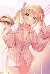 Rule 34 | 1girl, absurdres, blonde hair, bottomless, breasts, cleavage, collarbone, dessert, doughnut, female focus, food, green eyes, groin, highres, long sleeves, looking at viewer, no bra, no panties, open clothes, open shirt, pajamas, pout, shirt, small breasts, solo, suimya, sweets, tagme, twintails