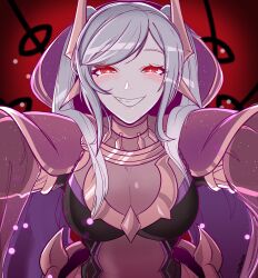 Rule 34 | 1girl, absurdres, ailheim, blush, bodystocking, breasts, cape, cleavage, commentary, dark persona, english commentary, evil smile, eyes of grima, fake horns, fire emblem, fire emblem awakening, fire emblem heroes, glowing, glowing eyes, grey hair, grima (fire emblem), highres, horned headwear, horns, large breasts, leaning forward, nintendo, official alternate costume, pinned, pov, purple cape, red background, red eyes, robin (female) (fell tactician) (fire emblem), robin (female) (fire emblem), robin (fire emblem), see-through, see-through cleavage, smile, solo, twintails, upper body, you gonna get raped