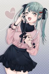 Rule 34 | 1girl, 39, absurdres, artist name, bad id, bad twitter id, bandaid, bandaid on neck, black nails, black skirt, buttons, center opening, claw pose, cowboy shot, ear piercing, fangs, green eyes, green hair, hair ornament, hatsune miku, heart, heart hair ornament, highres, jewelry, long hair, long sleeves, looking at viewer, multiple rings, nail polish, open mouth, piercing, pink shirt, plug (piercing), ring, ryusei (ryusei b), shirt, shirt tucked in, signature, skirt, solo, teeth, tongue, twintails, upper teeth only, vampire (vocaloid), vocaloid, watch, wristwatch
