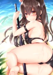 Rule 34 | 1girl, animal ears, aokabi (aokabic), arknights, arm strap, artist name, ass, bare arms, bare legs, bare shoulders, barefoot, black choker, black one-piece swimsuit, blush, breasts, brown eyes, brown hair, cat ears, cat tail, choker, commentary request, hair between eyes, hand up, highres, long hair, looking at viewer, lying, medium breasts, o-ring, o-ring swimsuit, official alternate costume, on side, one-piece swimsuit, partial commentary, skyfire (arknights), skyfire (temperature difference) (arknights), solo, swimsuit, tail, tears, thighs, twitter username