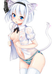 Rule 34 | 1girl, animal ears, blue eyes, blush, breasts, cat ears, cat tail, covered erect nipples, ebi 193, hair ribbon, kemonomimi mode, konpaku youmu, looking at viewer, navel, nipples, no pants, open clothes, open mouth, open shirt, panties, puffy nipples, puffy short sleeves, puffy sleeves, ribbon, see-through, shiny skin, shirt, short sleeves, simple background, small breasts, solo, striped clothes, striped panties, tail, thighhighs, touhou, underwear, wet, wet clothes, wet panties, white background, white hair, white thighhighs