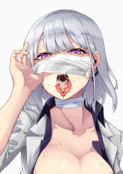 Rule 34 | 1girl, after fellatio, blush, breasts, collarbone, cum, cum in mouth, cum on tongue, formal, girls&#039; frontline, heart, heart-shaped pupils, highres, large breasts, mask, mask lift, mouth mask, nakiusagi, open mouth, purple eyes, rpk-16 (girls&#039; frontline), rpk-16 (renate) (girls&#039; frontline), short hair, silver hair, solo, stray pubic hair, suit, surgical mask, sweat, symbol-shaped pupils, tongue, tongue out, upper body, white background, white suit