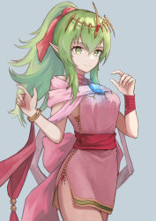 Rule 34 | 1girl, absurdres, blue background, dogansa, dragonstone, dress, fire emblem, fire emblem: mystery of the emblem, fire emblem awakening, fire emblem heroes, green eyes, green hair, highres, jewelry, long hair, looking at viewer, necklace, nintendo, official alternate costume, pink dress, pointy ears, ponytail, short dress, side slit, simple background, sleeveless, sleeveless dress, smile, solo, stone, tiara, tiki (adult) (fire emblem), tiki (fire emblem)