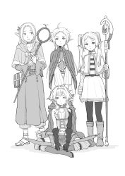 Rule 34 | 4girls, ahoge, boots, bow (weapon), braid, capelet, choker, cloak, closed mouth, dungeon meshi, earrings, elf, frieren, full body, gloves, goblin slayer!, greyscale, hair ribbon, high elf archer (goblin slayer!), holding, holding staff, indian style, jewelry, leg belt, looking at another, looking at viewer, low twintails, marcille donato, monochrome, multiple girls, mushoku tensei, pantyhose, parted bangs, parted lips, pointy ears, ribbon, robe, sawa04123873, short hair with long locks, shorts, sitting, skirt, smile, sousou no frieren, staff, standing, sylphiette (mushoku tensei), thick eyebrows, trait connection, twintails, weapon, white background