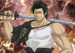 Rule 34 | 1boy, black bulls (emblem), black clover, black hair, cape, capelet, cigarette, collarbone, facial hair, goatee, holding, holding sword, holding weapon, insignia, long sideburns, male focus, mature male, multicolored background, muscular, muscular male, mustache, pectorals, print capelet, shirt, short hair, sideburns, sidepec, single bare arm, single bare shoulder, sleeveless, sleeveless shirt, smoking, solo, stubble, sword, tank top, torn cape, torn capelet, torn clothes, weapon, white tank top, yami sukehiro, youriru
