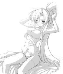 Rule 34 | 00s, 1girl, armpits, bachou, bare shoulders, bed sheet, blush, camisole, greyscale, haoto luna, koihime musou, long hair, monochrome, original, panties, ponytail, simple background, sitting, solo, underwear, very long hair, white background