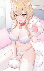 Rule 34 | 1girl, absurdres, animal ear fluff, animal hands, bell, belt collar, blonde hair, blush, breasts, collar, fang, flower, genshin impact, gloves, hair between eyes, hair flower, hair ornament, highres, jingle bell, large breasts, looking at viewer, lumine (genshin impact), navel, open mouth, paw gloves, short hair with long locks, skin fang, tail, thighhighs, thighs, uka (315302627), yellow eyes