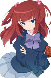 Rule 34 | 1girl, absurdres, armband, blue eyes, blue jacket, blue skirt, blunt bangs, blush, bow, bowtie, commentary, crossed arms, dot nose, frown, glaring, hair bobbles, hair ornament, highres, jacket, long sleeves, looking to the side, medium hair, memoi, pleated skirt, purple bow, purple bowtie, red armband, red hair, simple background, skirt, solo, two side up, umineko no naku koro ni, ushiromiya ange, white background