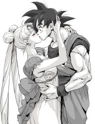 Rule 34 | 1boy, 1girl, arm around neck, back bow, belt, bishoujo senshi sailor moon, black hair, blush, bow, breasts, choker, closed eyes, company connection, couple, crescent, crescent earrings, crossover, double bun, dragon ball, dragonball z, dress, earrings, facial mark, forehead mark, greyscale, hair bun, hand in another&#039;s hair, hand on another&#039;s hip, hetero, highres, jewelry, kiss, long dress, long hair, looking at another, medium breasts, monochrome, muscular, muscular male, parted bangs, sailor moon, shirt, sleeveless, sleeveless shirt, son goku, spiked hair, spot color, spykeee, toei animation, tsukino usagi, twintails, upper body, wristband