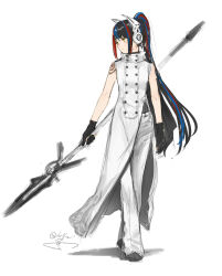 Rule 34 | 1girl, alternate costume, arms at sides, bare arms, black gloves, black hair, blue hair, buttons, coat, double-breasted, expressionless, full body, gloves, harusaruhi, headphones, high collar, highres, holding, holding polearm, holding weapon, isshiki (ffmania7), kamitsubaki studio, long hair, looking to the side, multicolored hair, pants, polearm, ponytail, red hair, shoulder tattoo, simple background, sketch, sleeveless, sleeveless coat, solo, spear, standing, tattoo, virtual youtuber, weapon, white background, white coat, white pants, yellow eyes