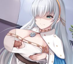 Rule 34 | 1boy, 1girl, anastasia (fate), blue eyes, breasts, breasts squeezed together, cum, cum on body, cum on breasts, cum on upper body, fate/grand order, fate (series), frown, hair over one eye, headband, jewelry, large breasts, long hair, necklace, paizuri, paizuri under clothes, penis, perpendicular paizuri, renetan, scowl, silver hair, transparent, very long hair