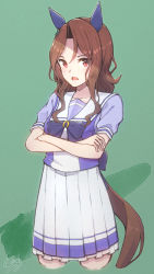 Rule 34 | 1girl, animal ears, blouse, blue bow, blue bowtie, blue shirt, bow, bowtie, breasts, brown hair, collarbone, commentary request, cowboy shot, cropped legs, cropped tail, crossed arms, curly hair, d:, ear covers, green background, green bow, hair between eyes, hair bow, hair strand, high-waist skirt, highres, horse ears, horse girl, horse tail, horseshoe ornament, king halo (umamusume), long hair, looking at viewer, medium skirt, open mouth, paayan (hagakinorock54), pleated skirt, puffy short sleeves, puffy sleeves, purple shirt, red eyes, sailor collar, school uniform, serafuku, shirt, shirt tucked in, short sleeves, signature, simple background, skirt, sleeve cuffs, small breasts, solo, standing, tail, tail bow, tail ornament, umamusume, white sailor collar, white skirt
