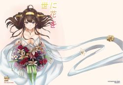 Rule 34 | 10s, 1girl, ahoge, alternate costume, bad id, bad pixiv id, bare shoulders, black eyes, bouquet, breasts, brown hair, cleavage, collarbone, commentary request, covered erect nipples, cross, cross necklace, double bun, dress, female focus, flower, hair bun, hairband, headgear, highres, jewelry, kantai collection, kongou (kancolle), large breasts, long hair, looking at viewer, necklace, no bra, pink background, pinky out, revision, see-through, simple background, skirt hold, sleeveless, sleeveless dress, smile, solo, translation request, upper body, white dress, yuanjiyousheng