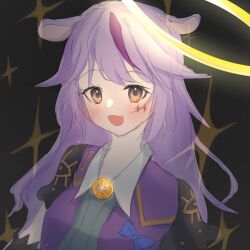 Rule 34 | 1girl, animal ears, black gloves, blue bow, blush, bow, cow ears, eye symbol, gloves, gradient eyes, halo, highres, long hair, looking at viewer, multicolored eyes, orange eyes, purple eyes, purple hair, scp-6777, scp foundation, solo, yellow halo, yikihara yuki