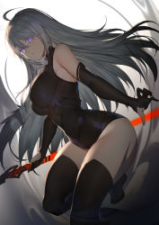 Rule 34 | 1girl, absurdres, ahoge, black gloves, black leotard, black thighhighs, breasts, elbow gloves, eyes visible through hair, gloves, glowing, glowing eyes, highres, holding, horz, large breasts, legs folded, leotard, long hair, looking at viewer, original, partially fingerless gloves, polearm, purple eyes, silver hair, solo, thighhighs, weapon