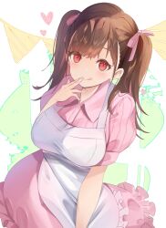 Rule 34 | 1girl, :q, absurdres, alternate costume, apron, blush, breasts, brown hair, collared dress, dress, enmaided, hair ribbon, highres, hiiragi ken, idolmaster, idolmaster shiny colors, large breasts, licking lips, looking at viewer, maid, pink dress, puffy short sleeves, puffy sleeves, red eyes, ribbon, shirt, short sleeves, smile, solo, sonoda chiyoko, striped clothes, striped shirt, tongue, tongue out, twintails, vertical-striped clothes, vertical-striped shirt, white apron