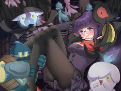 Rule 34 | 1girl, black gloves, black pantyhose, blunt bangs, bob cut, book, book stack, breasts, commentary request, creatures (company), dress, feet out of frame, frillish, frillish (female), frillish (male), game freak, gen 5 pokemon, glasses, gloves, golurk, highres, holding, holding book, lampent, litwick, medium breasts, nintendo, pantyhose, pen, pokemon, pokemon (creature), pokemon bw, purple dress, purple eyes, purple hair, red footwear, round eyewear, shauntal (pokemon), short hair, smile, tajimamo, thighs, yamask