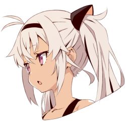 1girl akitetsu cropped_shoulders dark-skinned_female dark_skin flat_chest grey_hair long_hair looking_to_the_side matsukai_mao nijisanji open_mouth purple_eyes solo transparent_background twintails upper_body virtual_youtuber