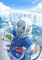 Rule 34 | 1girl, absurdres, animal hood, balcony, blue eyes, blue hair, blue hoodie, blue sky, blunt bangs, blush, bubble, building, cloud, day, fins, fish tail, flower, gawr gura, gawr gura (1st costume), hair ornament, highres, holding, holding weapon, hololive, hololive english, hood, hoodie, long sleeves, multicolored hair, ocean, open mouth, outdoors, polearm, railing, shark girl, shark hood, shark tail, short twintails, sky, smile, solo, streaked hair, t-pose, tail, trident, twintails, virtual youtuber, water, waterfall, weapon, wep16night, white hair