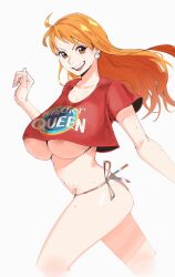 Rule 34 | 1girl, absurdres, areola slip, bikini, bikini bottom only, breasts, collarbone, commentary, cowboy shot, crop top, cropped shirt, earrings, english commentary, hand up, highres, jewelry, joy boy, large breasts, light blush, long hair, looking at viewer, midriff, nami (one piece), navel, one piece, open mouth, orange eyes, orange hair, pearl earrings, red shirt, revealing clothes, running, shirt, side-tie bikini bottom, simple background, smile, solo, sweatdrop, swimsuit, teeth, thighs, underboob, upper teeth only
