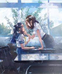 Rule 34 | 2girls, blush, chair, cover, eye contact, fly (marguerite), hand on another&#039;s cheek, hand on another&#039;s face, long hair, looking at another, multiple girls, ponytail, reflection, short hair, sitting, smile, standing, sunlight, table, teacher, teacher and student, tree, watch, window, yuri