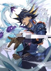 Rule 34 | 1boy, belt, black hair, black pants, black shirt, blonde hair, blue eyes, blue jacket, brown gloves, card, claws, clenched hand, commentary, cropped legs, dragon, duel disk, duel monster, e volution, fudo yusei, gloves, high collar, holding, holding card, jacket, male focus, multicolored hair, open clothes, open jacket, open mouth, pants, roaring, shirt, simple background, stardust dragon, teeth, upper body, white background, wings, yellow eyes, yu-gi-oh!, yu-gi-oh! 5d&#039;s