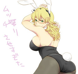 Rule 34 | 10s, 1girl, animal ears, arms up, ass, bare shoulders, barnaby brooks jr., blonde hair, blush, breasts, curvy, detached collar, fake animal ears, gender request, genderswap, glasses, green eyes, large breasts, noiseplus, pantyhose, playboy bunny, rabbit ears, rabbit tail, sideboob, solo, tail, tiger &amp; bunny, wrist cuffs