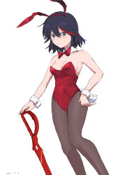 Rule 34 | 1girl, absurdres, alternate costume, angry, animal ears, bare arms, bare shoulders, black hair, bow, bowtie, breasts, brown pantyhose, cleavage, closed mouth, detached collar, eyebrows hidden by hair, eyes visible through hair, fake animal ears, grey eyes, hair between eyes, half-closed eyes, highres, holding, holding weapon, kill la kill, knees together feet apart, leotard, looking at viewer, matoi ryuuko, medium breasts, multicolored hair, neck, pantyhose, playboy bunny, rabbit ears, red bow, red bowtie, red hair, red leotard, short hair, simple background, small breasts, solo, standing, strapless, strapless leotard, streaked hair, sweatdrop, takatisakana, two-tone hair, weapon, white background, wrist cuffs