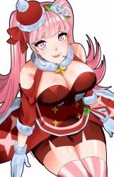 Rule 34 | 1girl, absurdres, bare shoulders, breasts, ceroccb, cleavage, dress, fire emblem, fire emblem: three houses, fire emblem heroes, from above, fur-trimmed gloves, fur choker, fur trim, gloves, highres, hilda valentine goneril, large breasts, long hair, looking at viewer, nintendo, official alternate costume, pink eyes, pink hair, pink lips, red dress, sitting, smile, solo, striped clothes, striped thighhighs, thighhighs, thighs, twintails, vertical-striped clothes, vertical-striped thighhighs, white gloves